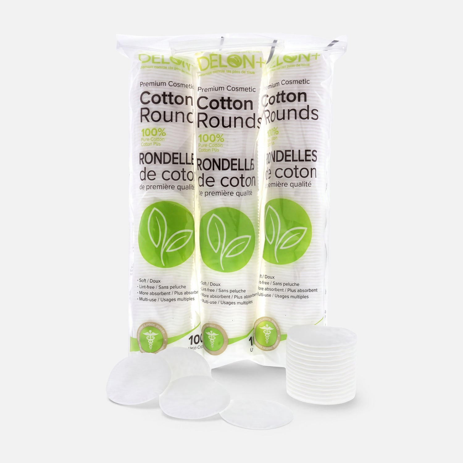 Shop Rescue Spa Delon premium 100% cotton rounds in a three-pack bundle with individual pads displayed in front.