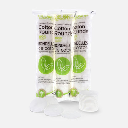 Shop Rescue Spa Delon premium 100% cotton rounds in a three-pack bundle with individual pads displayed in front.
