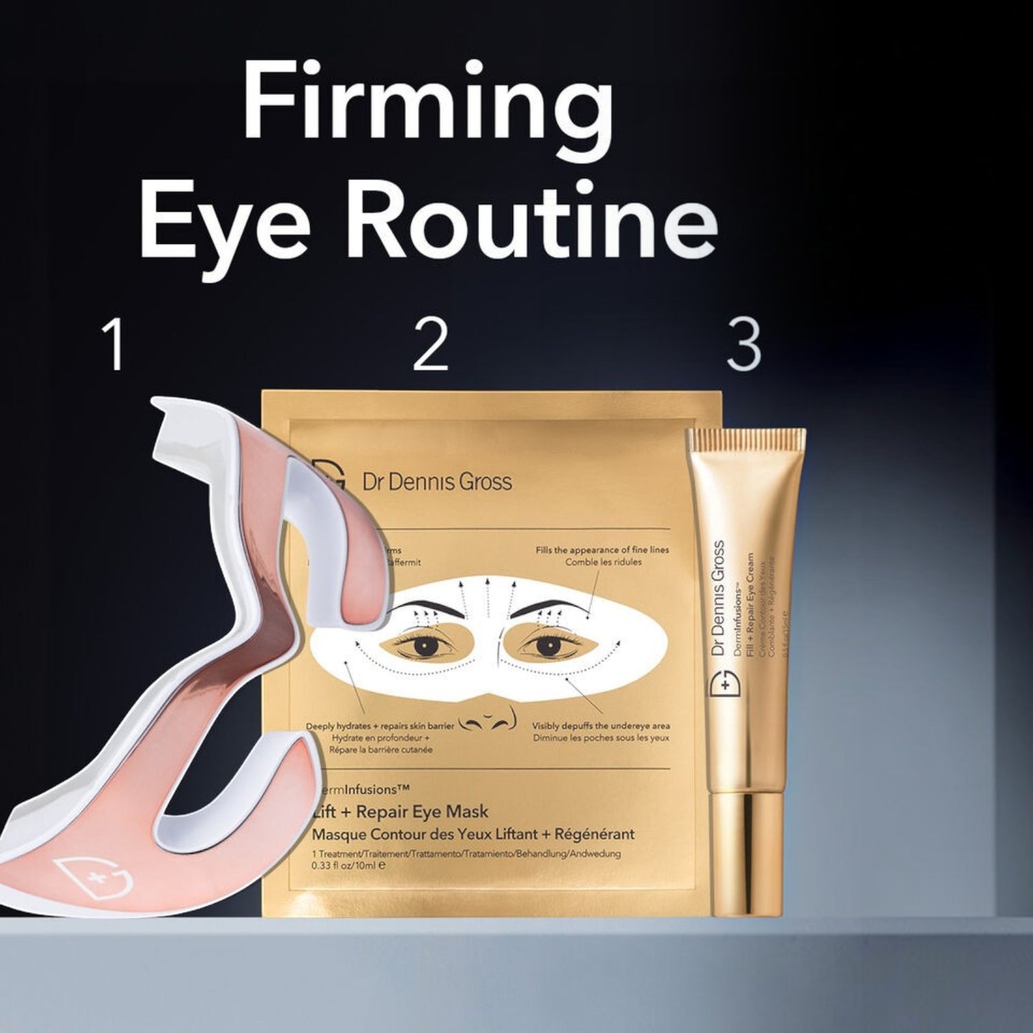 Shop Rescue Spa DermInfusions eye routine set featuring a lifting device, eye mask, and Fill + Repair Eye Cream tube.