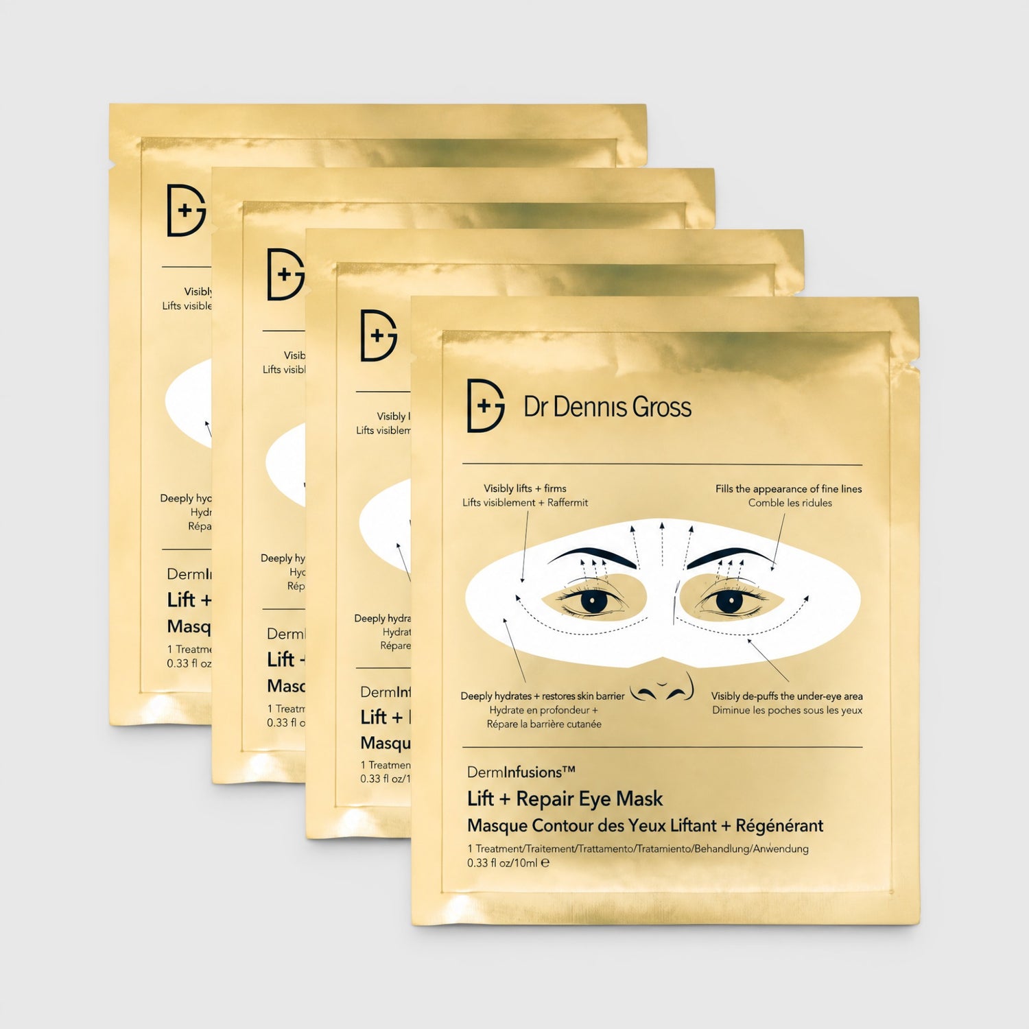 Shop Rescue Spa DermInfusions Lift + Repair Eye Mask gold foil sachets for firming and brightening the eye area.