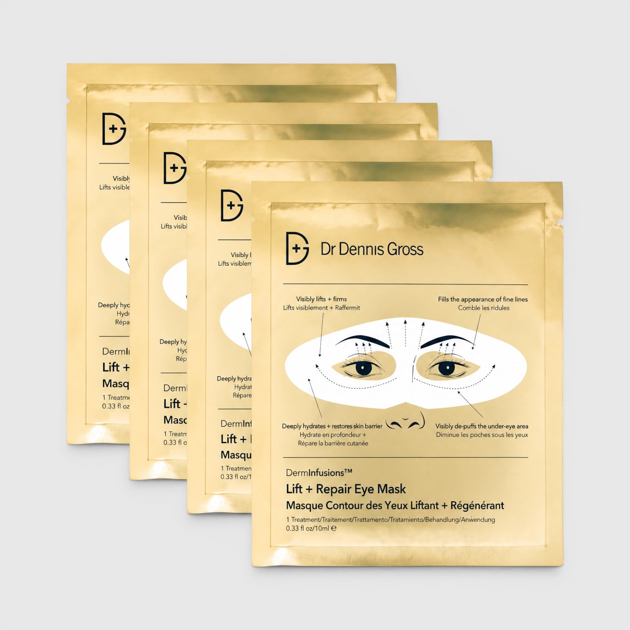 Shop Rescue Spa DermInfusions Lift + Repair Eye Mask gold foil sachets for firming and brightening the eye area.