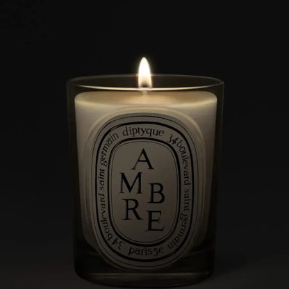 Shop Rescue Spa Diptyque Ambre scented candle in a glass vessel with a glowing flame against a dark background
