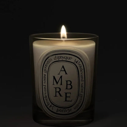Shop Rescue Spa Diptyque Ambre scented candle in a glass vessel with a glowing flame against a dark background
