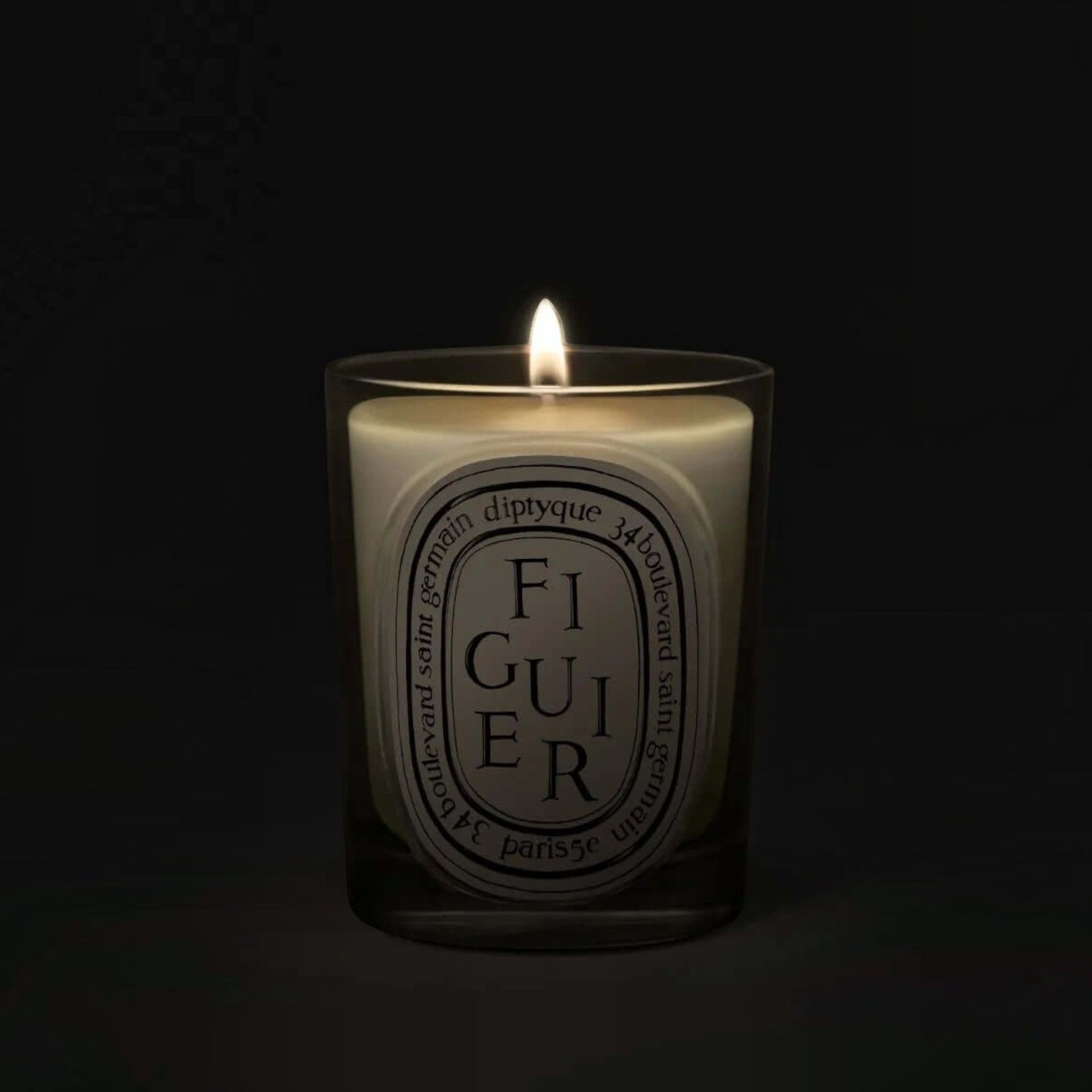 Shop Rescue Spa Diptyque Figuier candle in a clear glass vessel with a glowing flame against a dark background