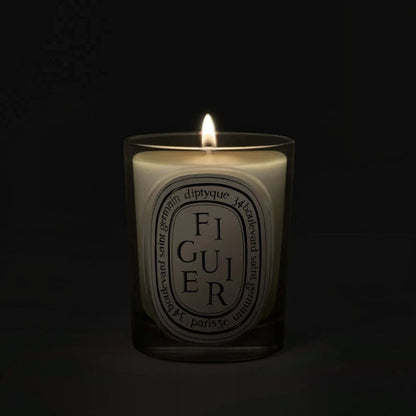Shop Rescue Spa Diptyque Figuier candle in a clear glass vessel with a glowing flame against a dark background