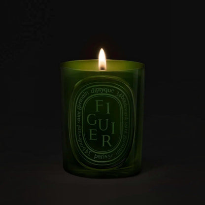 Shop Rescue Spa Diptyque Figuier candle in a green glass vessel with a glowing flame against a dark background