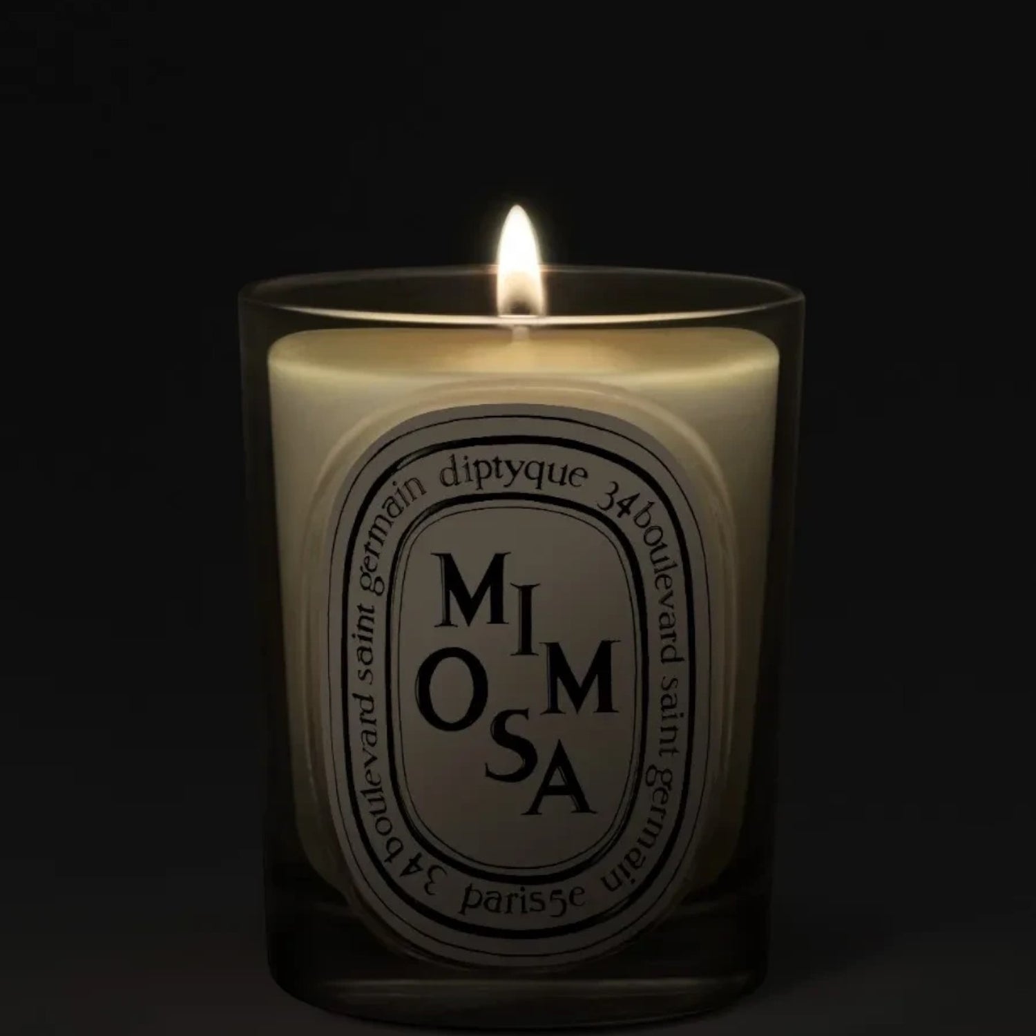 Shop Rescue Spa Diptyque Mimosa scented candle in a glass vessel with a glowing flame against a dark background