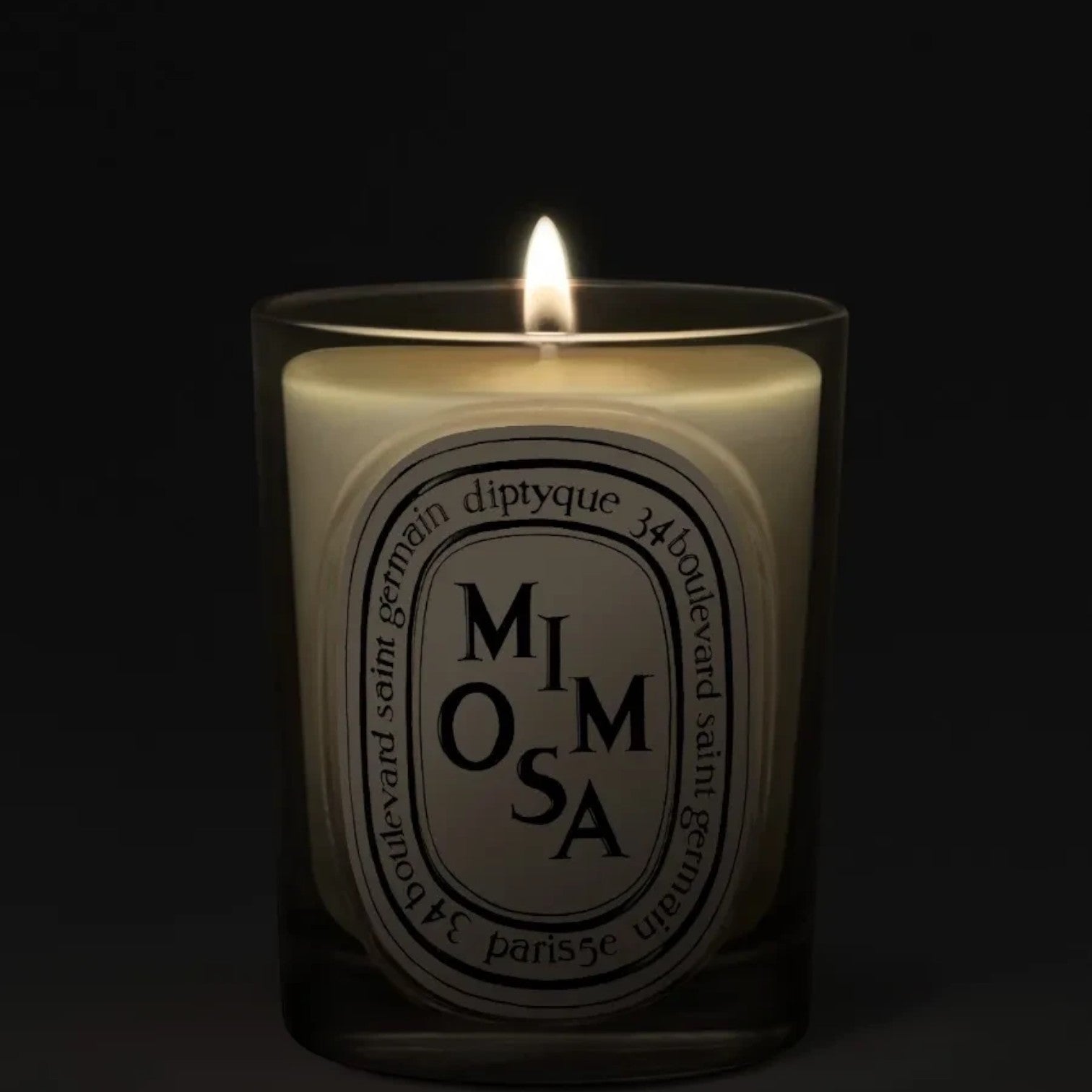 Shop Rescue Spa Diptyque Mimosa scented candle in a glass vessel with a glowing flame against a dark background