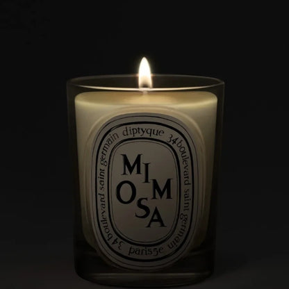 Shop Rescue Spa Diptyque Mimosa scented candle in a glass vessel with a glowing flame against a dark background