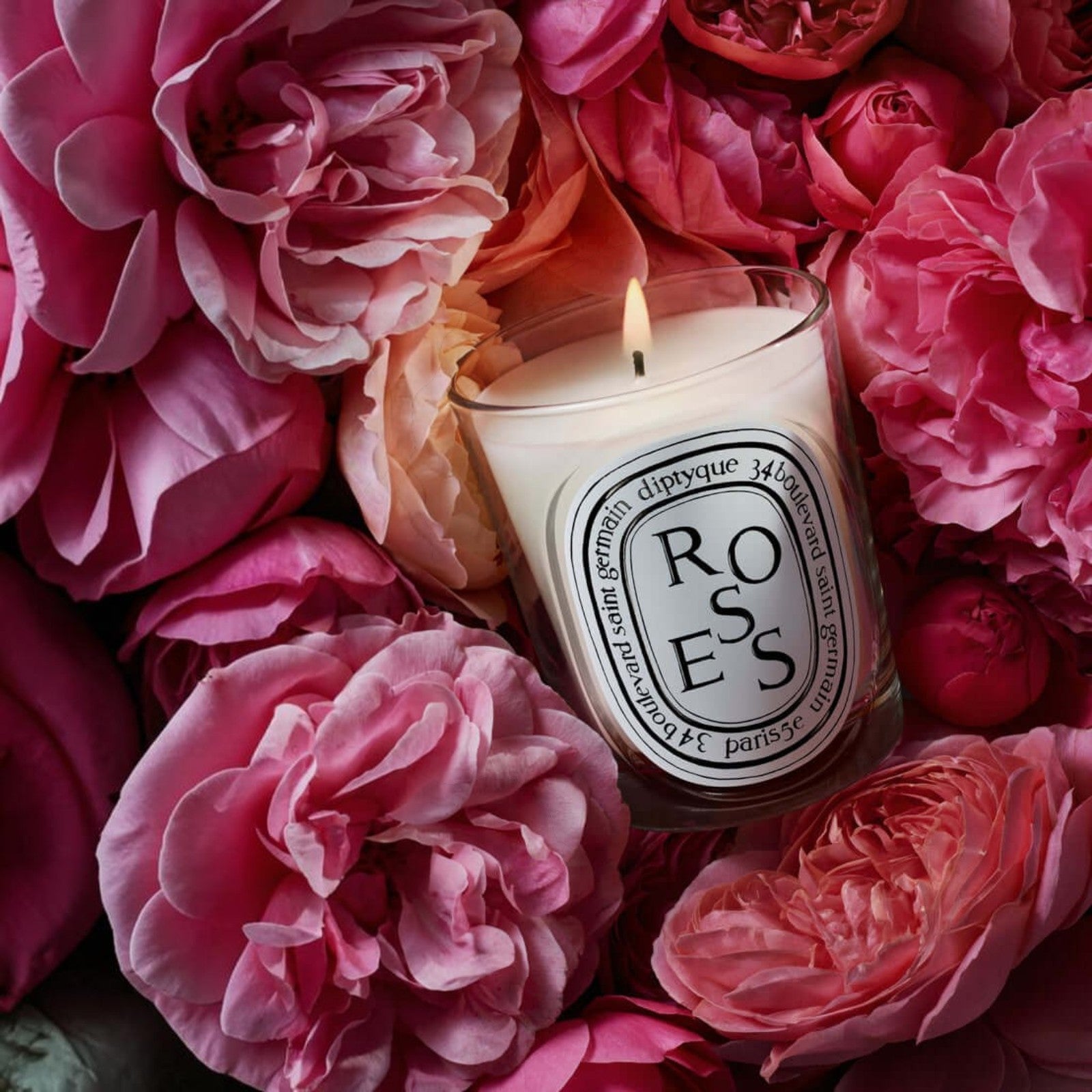 Shop Rescue Spa Diptyque Roses candle in a glass vessel surrounded by vibrant pink and red blooming rose flowers