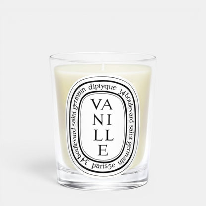 Shop Rescue Spa Diptyque Vanille scented candle in a clear glass vessel with a signature oval label
