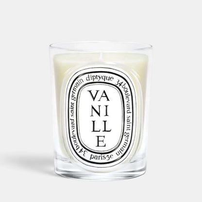 Shop Rescue Spa Diptyque Vanille scented candle in a clear glass vessel with signature black and white label