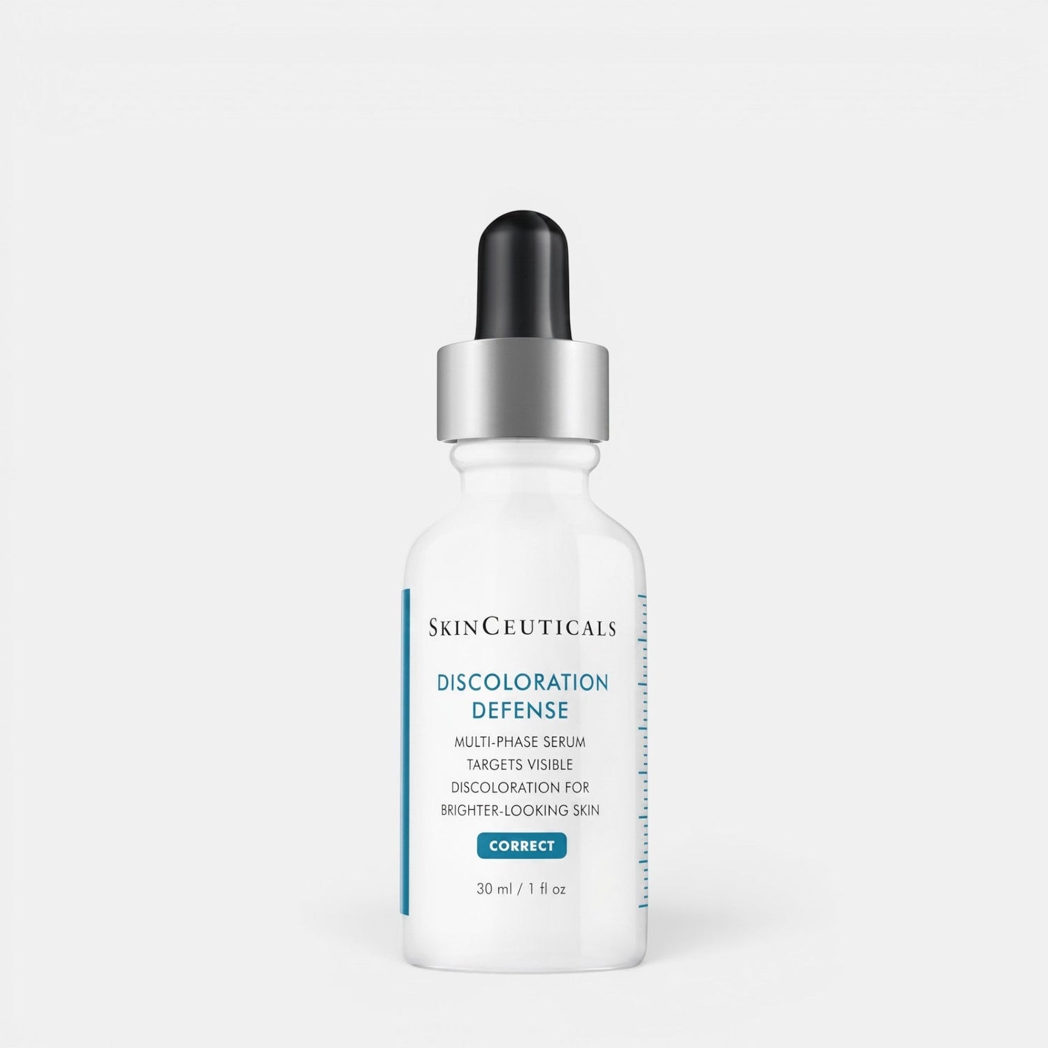 Shop Rescue Spa Discoloration Defense dark spot correcting serum in a white bottle with a dropper cap.