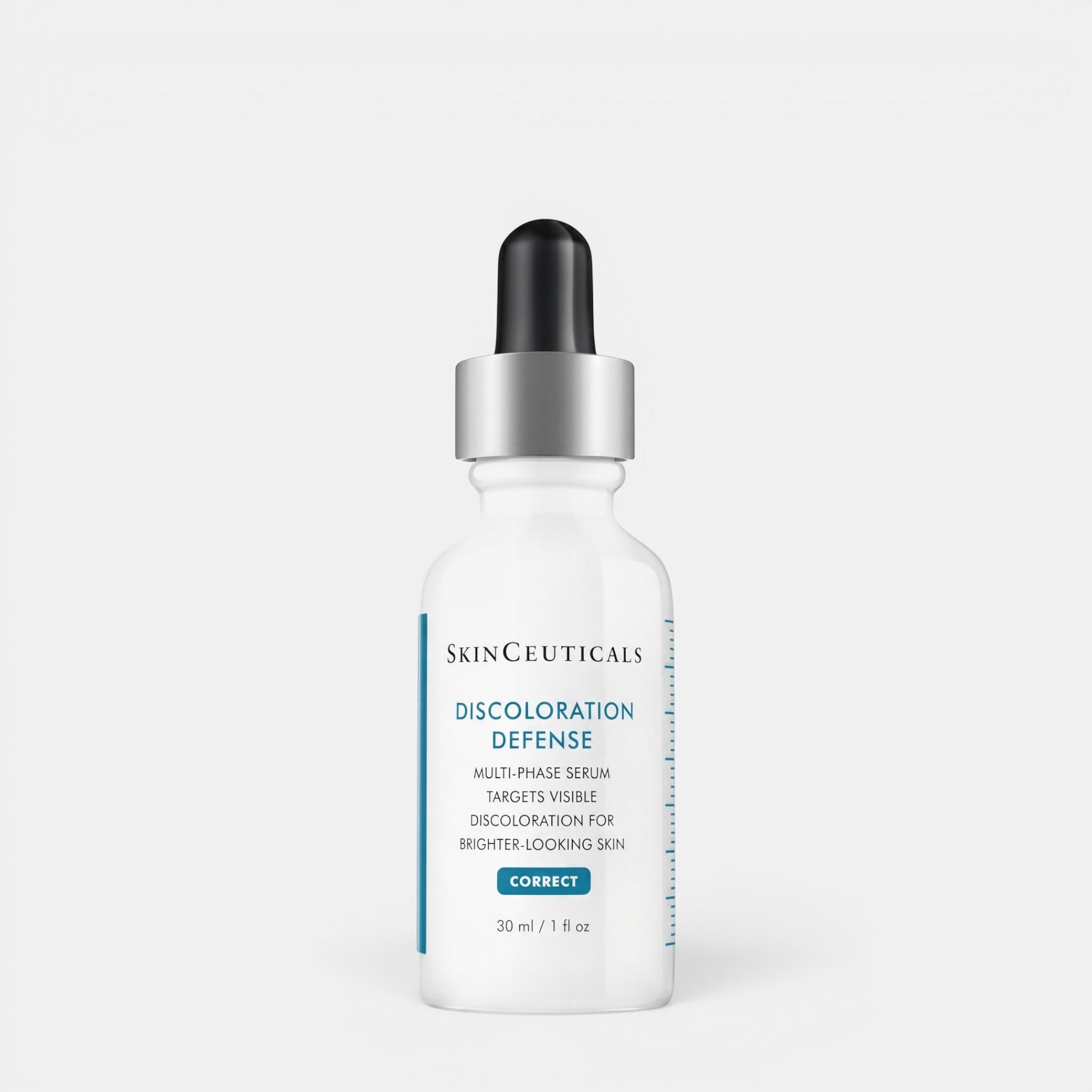 Shop Rescue Spa Discoloration Defense dark spot correcting serum in a white bottle with a dropper cap.