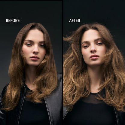 Shop Rescue Spa Dry Texturizing Spray before and after comparison showing increased hair volume and texture on a model.