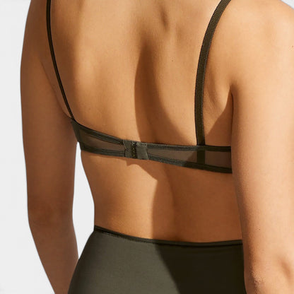 Back view of Shop Rescue Spa EDEN wireless triangle bra in olive green with sheer mesh panels and adjustable straps.