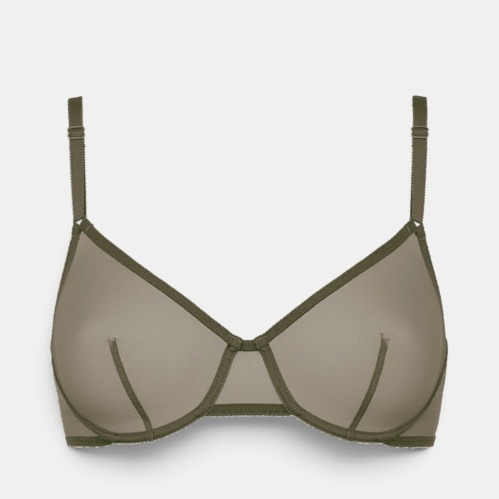 Shop Rescue Spa EDEN wireless triangle bra in olive green with V-neckline, metal link detail, and bust darts.