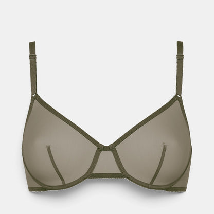 Shop Rescue Spa EDEN wireless triangle bra in olive green with V-neckline, metal link detail, and bust darts.