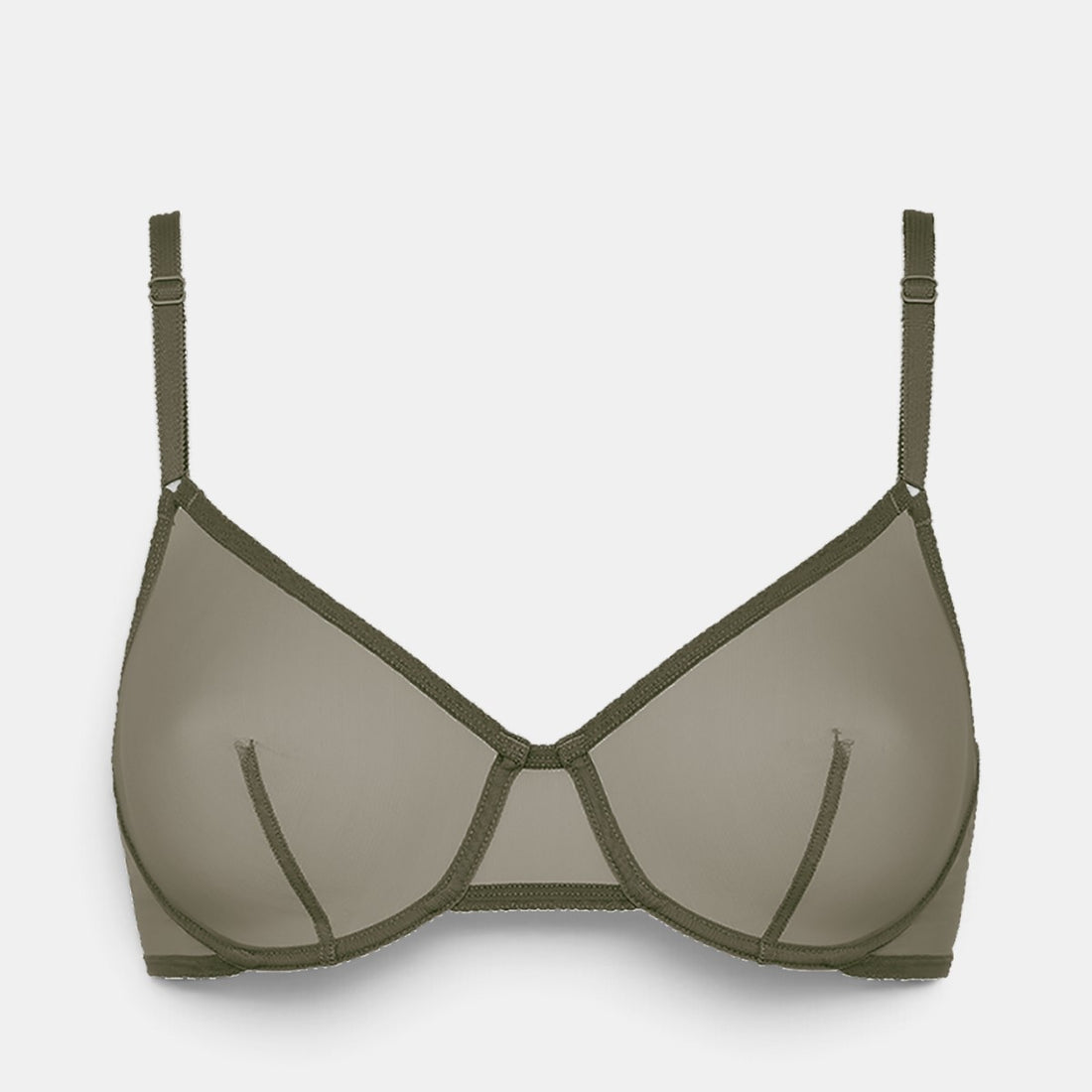Shop Rescue Spa EDEN wireless triangle bra in olive green with V-neckline, metal link detail, and bust darts.