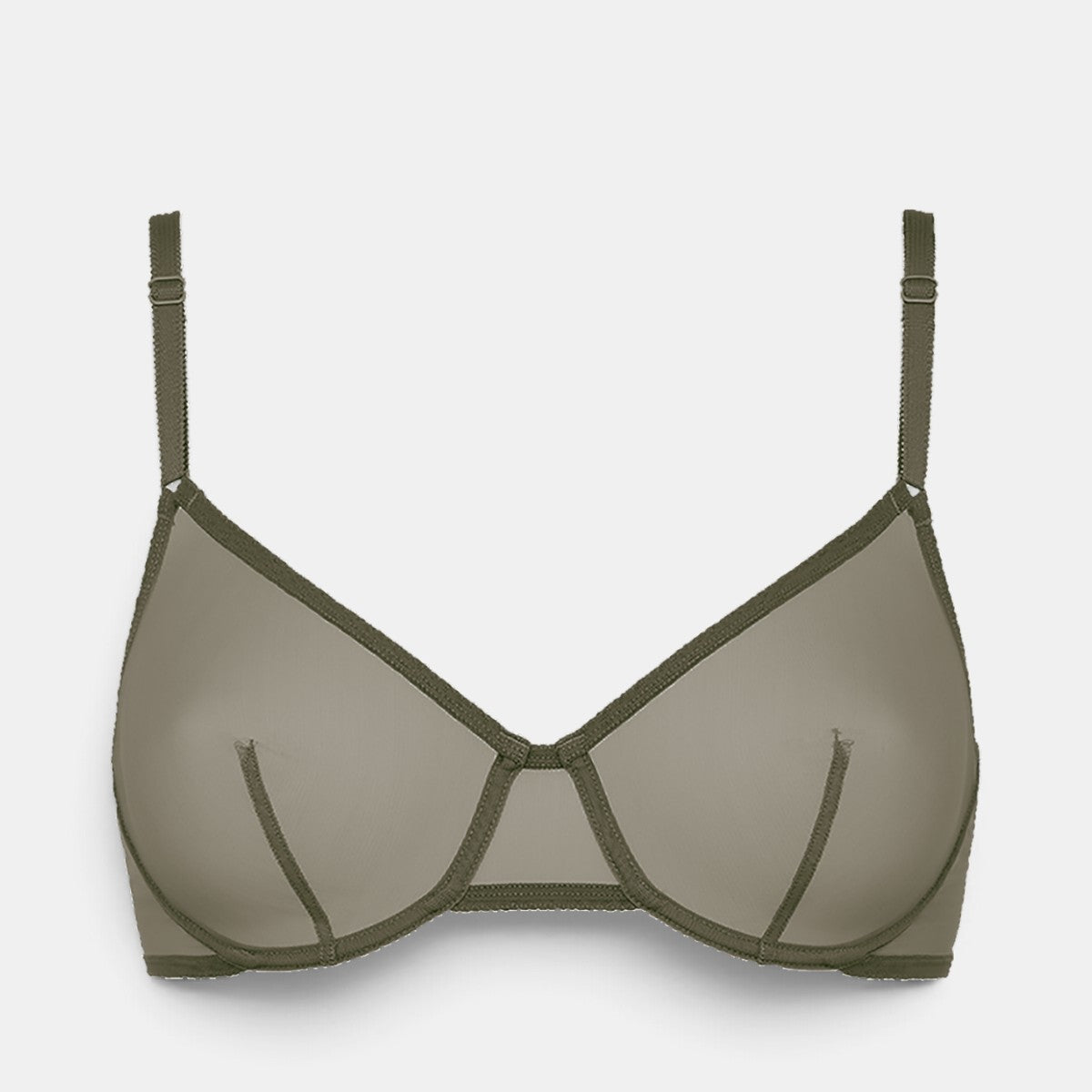 Shop Rescue Spa EDEN wireless triangle bra in olive green with V-neckline, metal link detail, and bust darts.