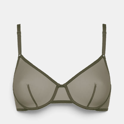 Shop Rescue Spa EDEN wireless triangle bra in olive green with V-neckline, metal link detail, and bust darts.