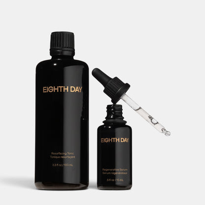 Shop Rescue Spa Eighth Day Performance Duo set with black resurfacing tonic bottle and regenerative serum dropper.