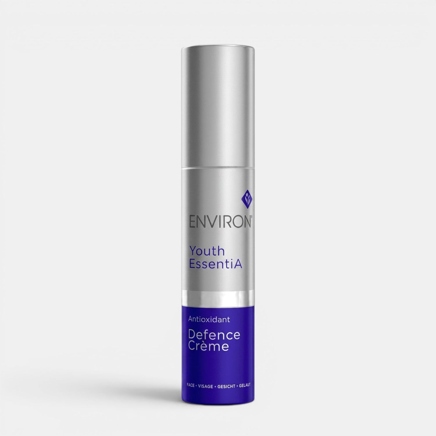 Shop Rescue Spa Environ Youth EssentiA Antioxidant Defence Creme in a silver and blue airless pump bottle.