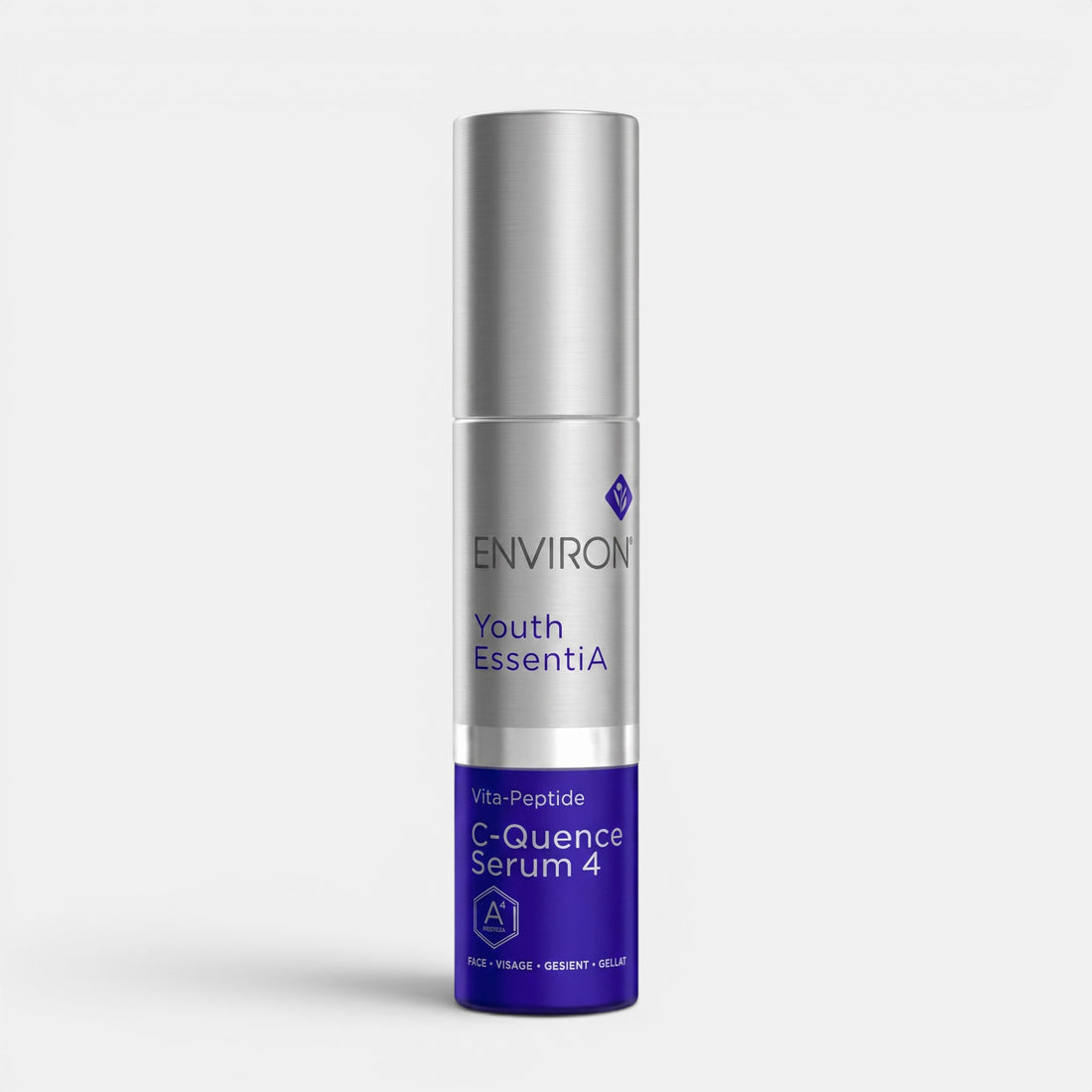 Shop Rescue Spa Environ Youth EssentiA C-Quence Serum 4 in a silver and purple airless pump dispenser bottle.