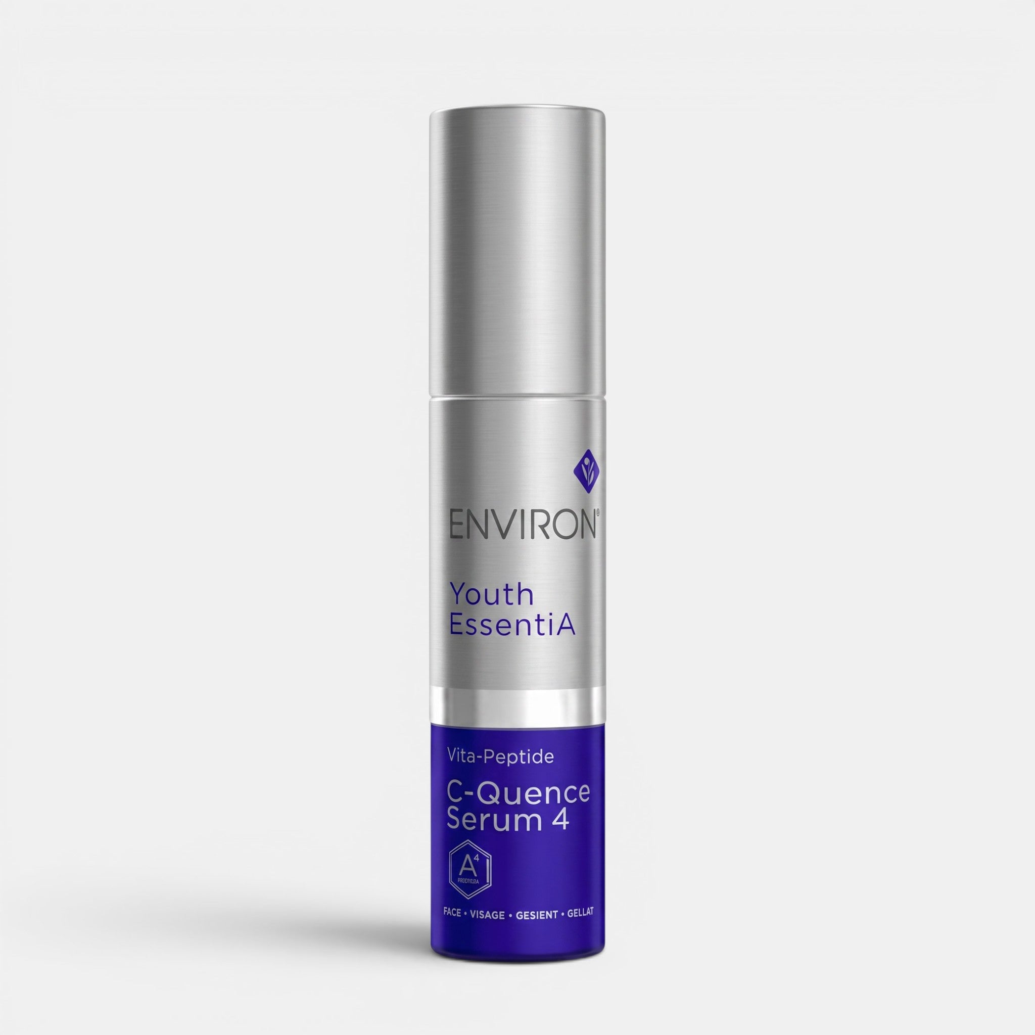 Shop Rescue Spa Environ Youth EssentiA C-Quence Serum 4 in a silver and purple airless pump dispenser bottle.