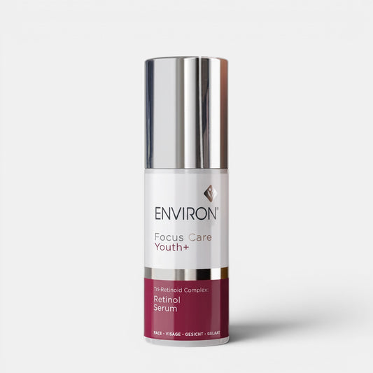 Shop Rescue Spa Environ Tri-Retinoid Complex Retinol Serum in a white and burgundy pump bottle for anti-aging.