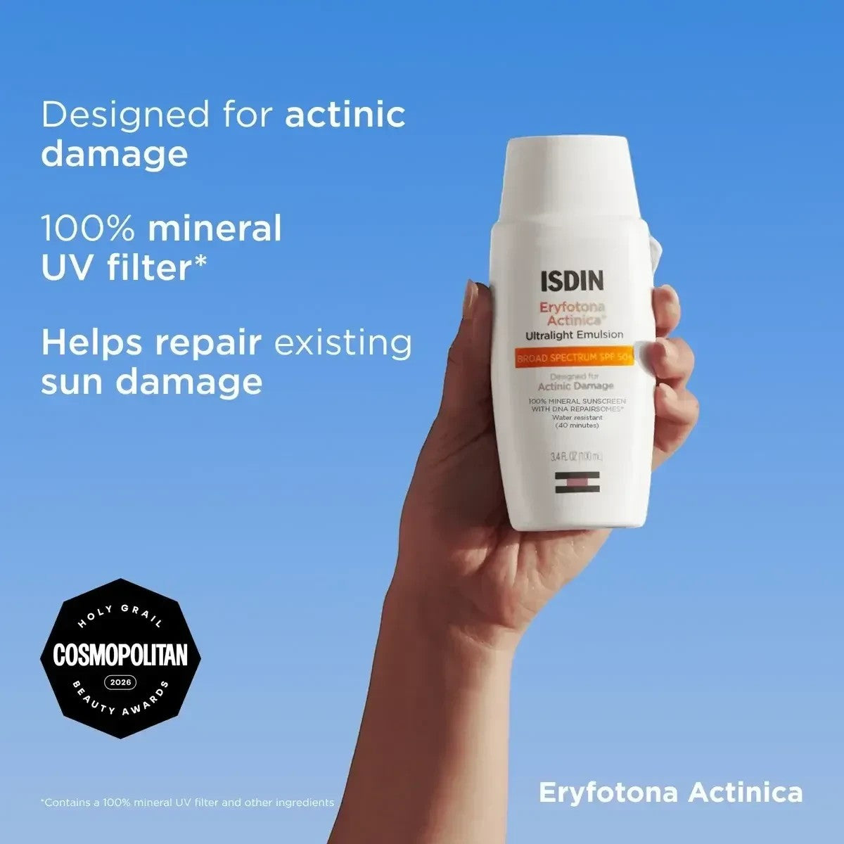 Shop Rescue Spa Eryfotona Actinica 100% mineral SPF 50 sunscreen bottle held against a blue sky background.