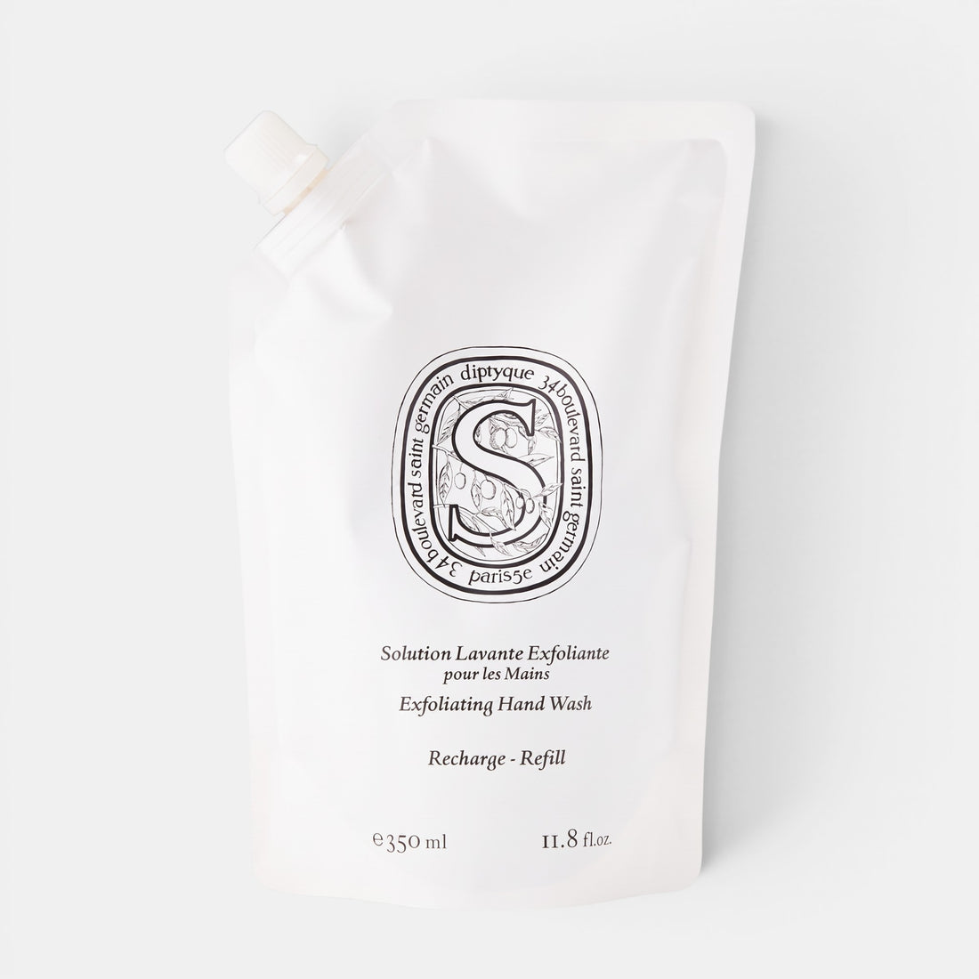 Shop Rescue Spa exfoliating hand wash 350ml refill pouch with white packaging and black botanical label design