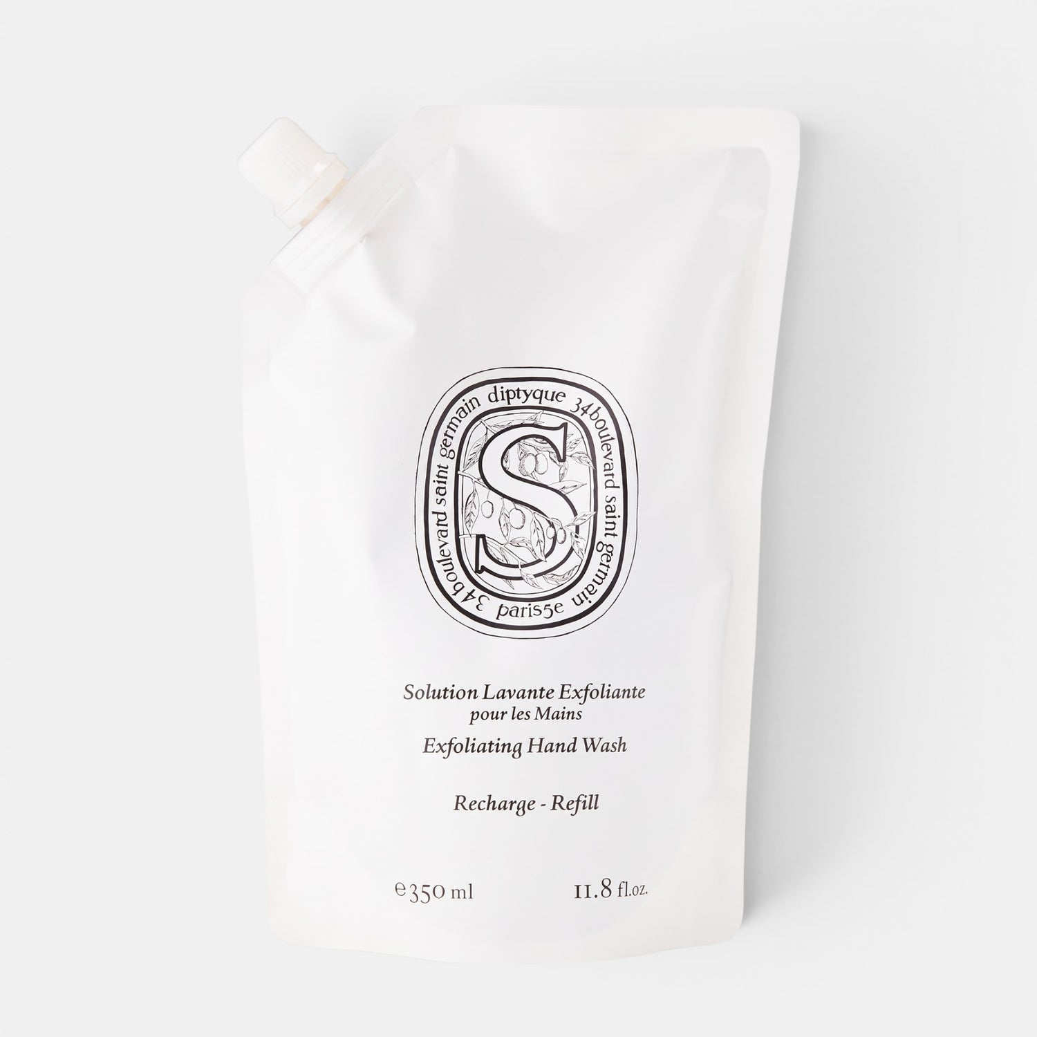 Shop Rescue Spa exfoliating hand wash 350ml refill pouch with white packaging and black botanical label design
