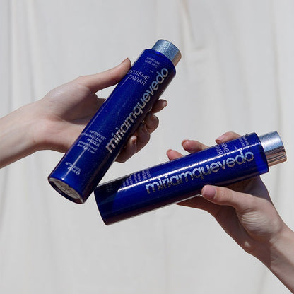 Shop Rescue Spa Miriam Quevedo Extreme Caviar Intensive Anti-Aging Luxe Masque bottles held by hands