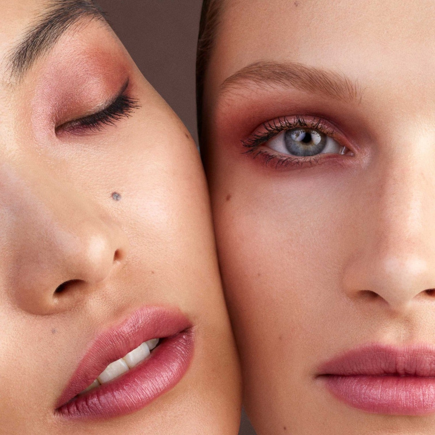 Shop Rescue Spa Eye Pods Les Nuits eyeshadow trio applied on two models with luminous champagne and vin rouge tones