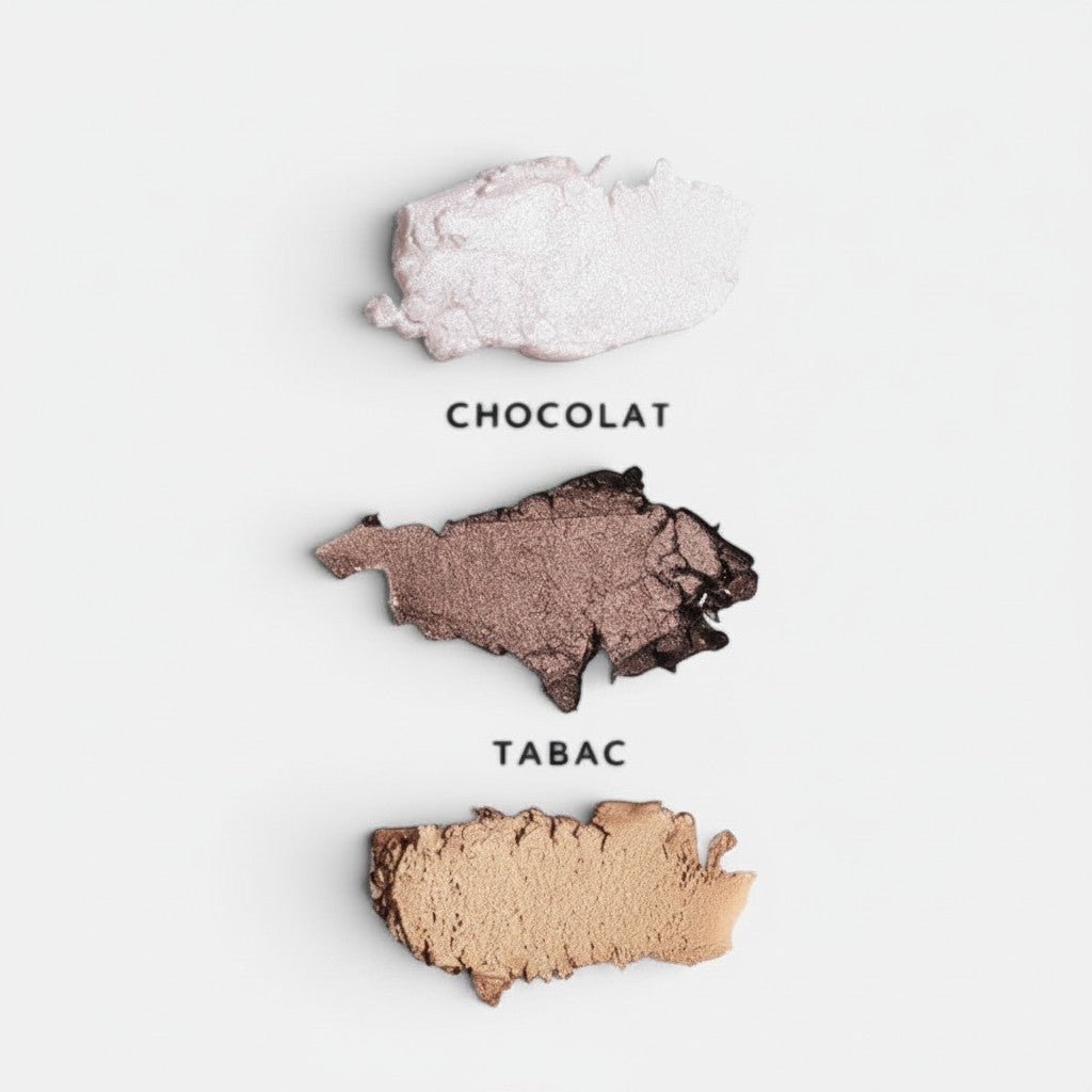 Shop Rescue Spa Eye Pods Les Jours eyeshadow trio swatches in Neige, Chocolat, and Tabac cream-powder shades.