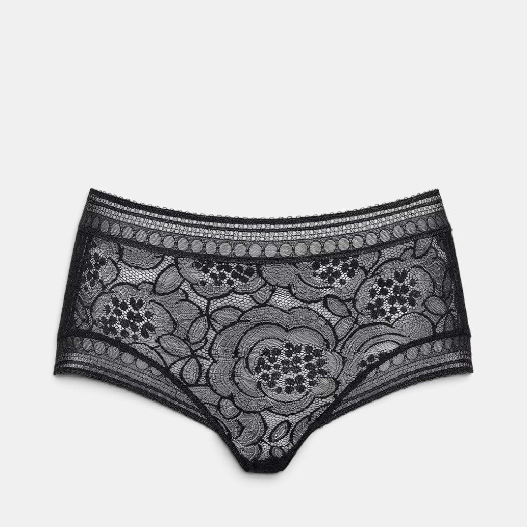 Shop Rescue Spa Farandole black lace shorties with graphic trim and delicate floral patchwork design