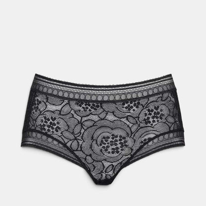 Shop Rescue Spa Farandole black lace shorties with delicate floral patterns and graphic trim waistband