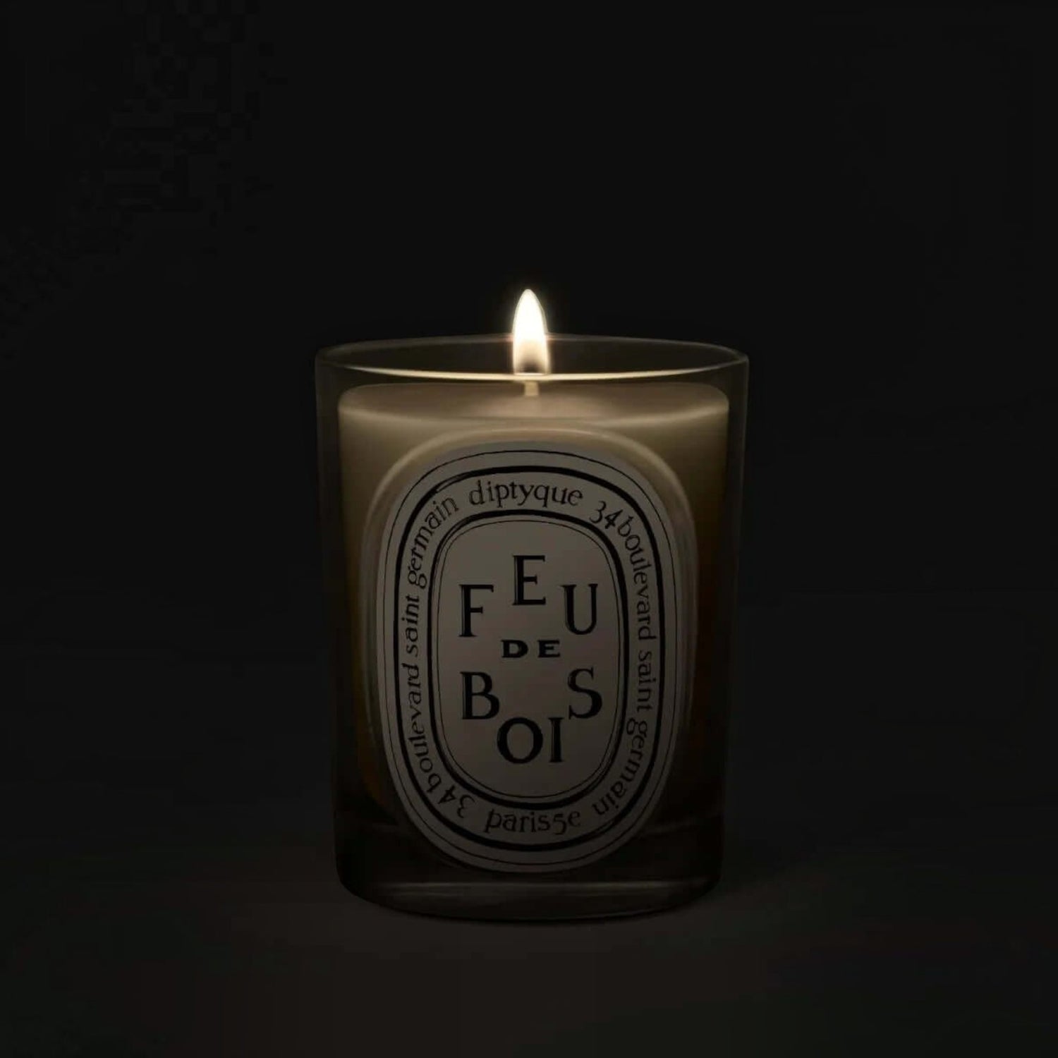 Shop Rescue Spa Diptyque Feu de Bois scented candle in a glass vessel with a glowing flame against a dark background.