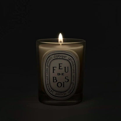 Shop Rescue Spa Diptyque Feu de Bois scented candle in a glass vessel with a glowing flame against a dark background.