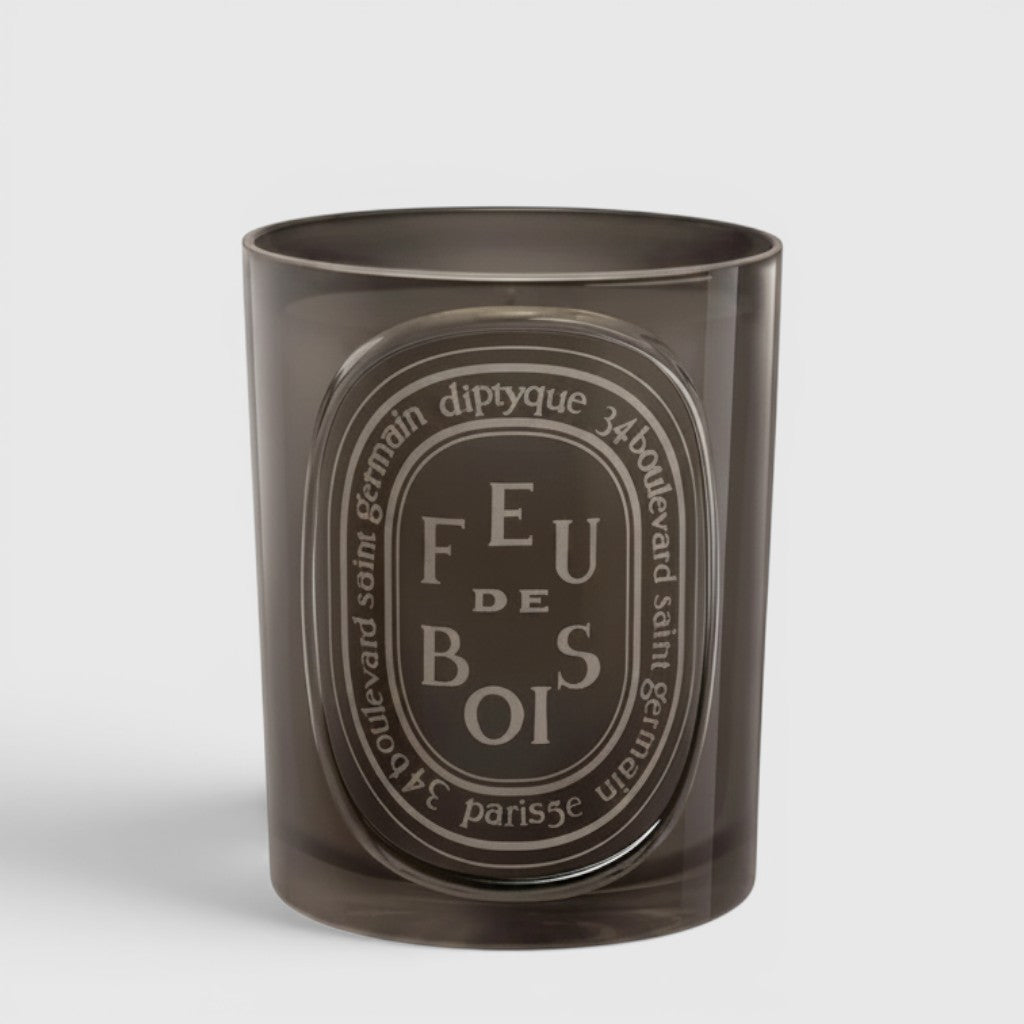 Shop Rescue Spa Diptyque Feu de Bois scented candle in a dark grey glass vessel with signature oval label.
