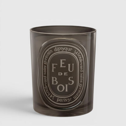 Shop Rescue Spa Diptyque Feu de Bois scented candle in a dark grey glass vessel with signature oval label.