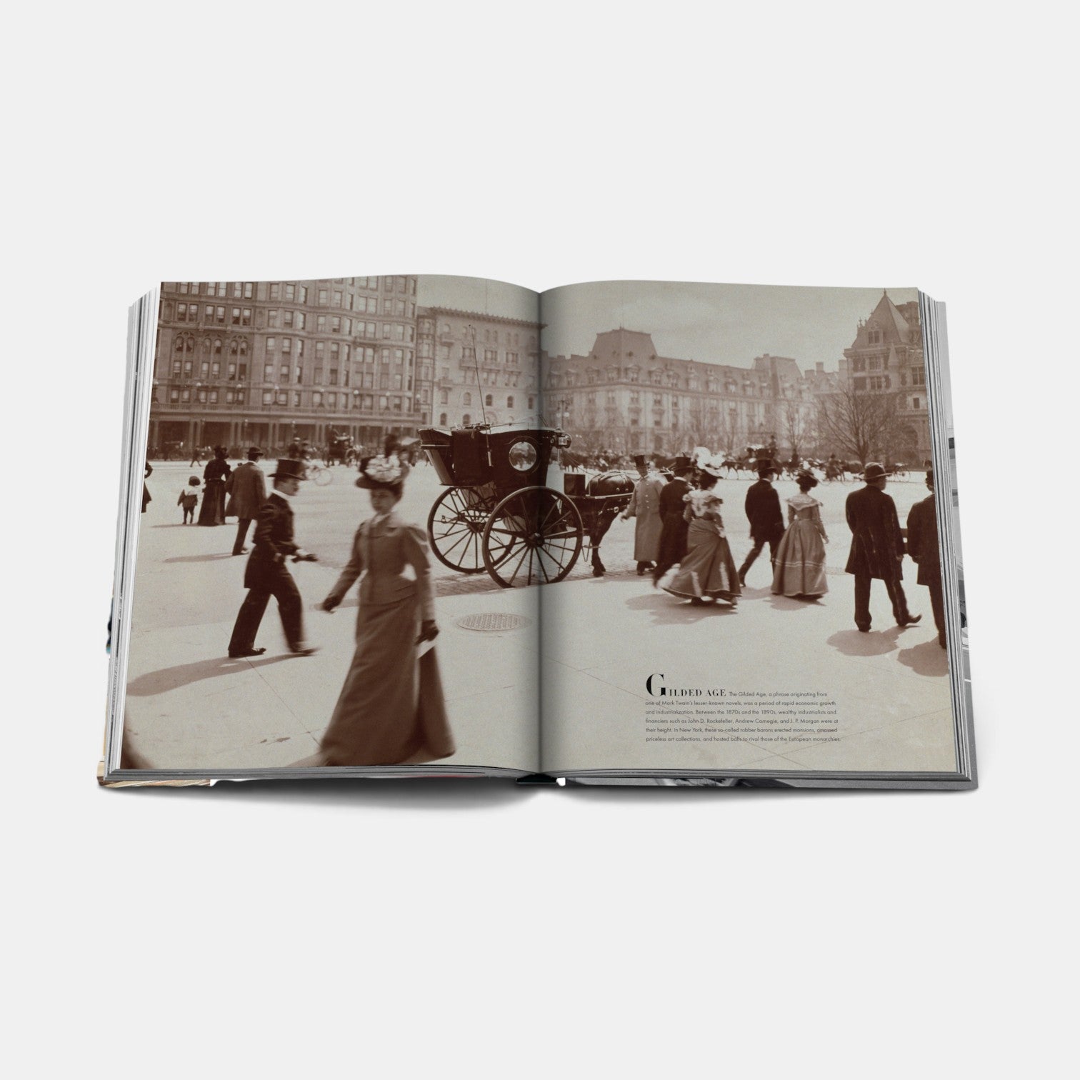 Shop Rescue Spa Fifth Avenue book open to a black-and-white archival photograph of Gilded Age street life in New York.
