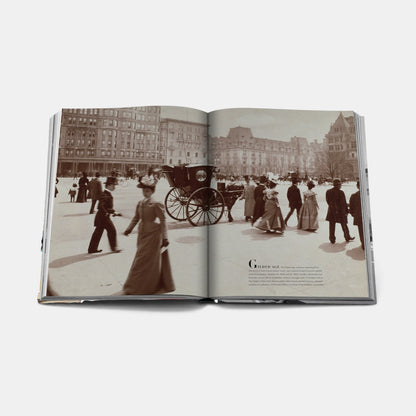 Shop Rescue Spa Fifth Avenue book open to a black-and-white archival photograph of Gilded Age street life in New York.