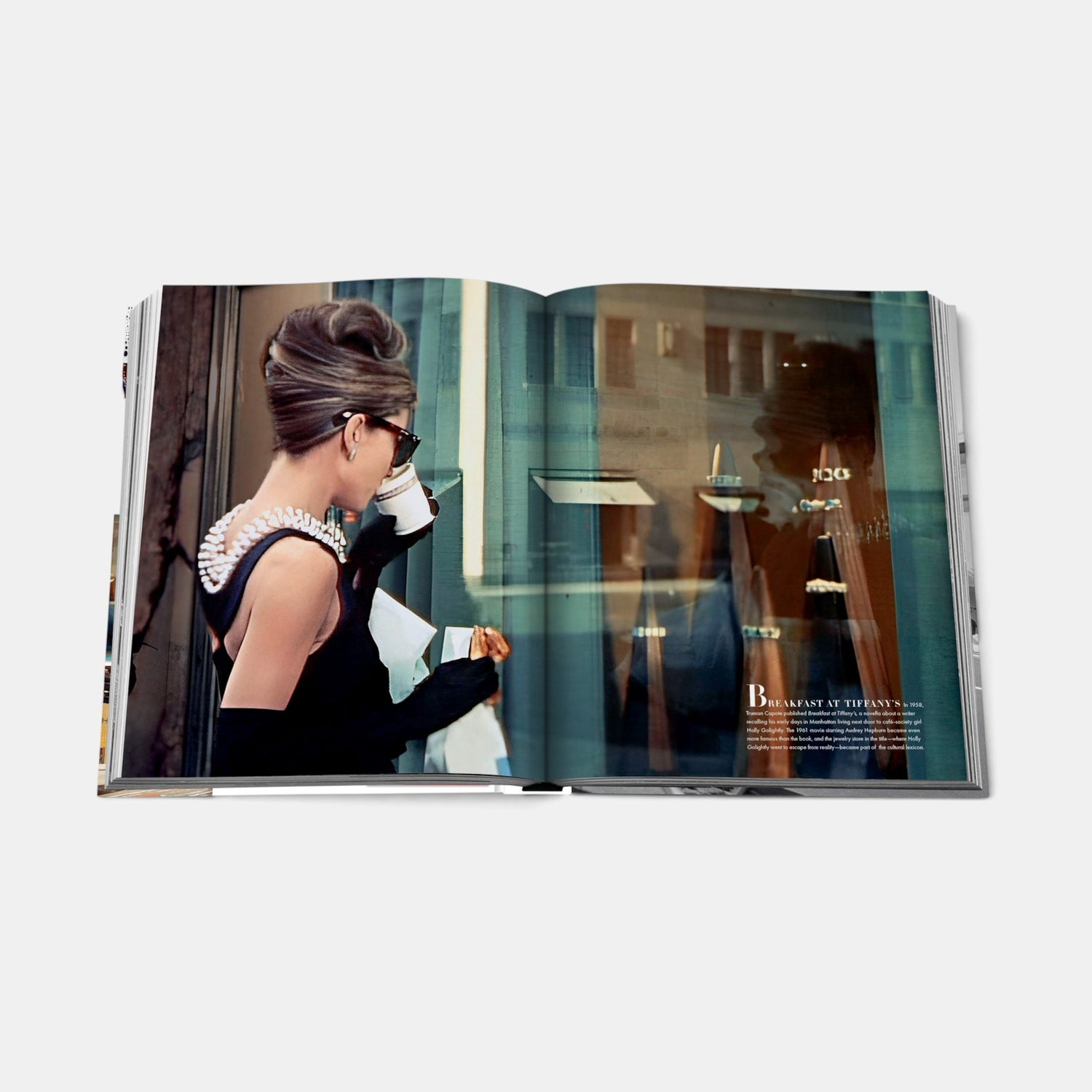 Shop Rescue Spa Fifth Avenue book open to a page featuring Audrey Hepburn in Breakfast at Tiffany&