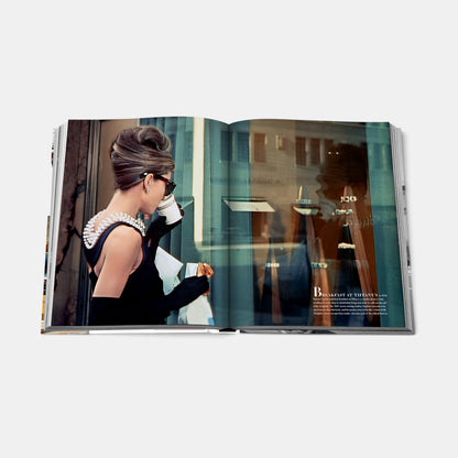 Shop Rescue Spa Fifth Avenue book open to a page featuring Audrey Hepburn in Breakfast at Tiffany&