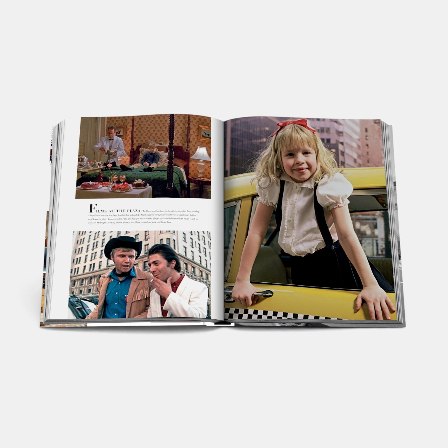 Shop Rescue Spa Fifth Avenue book open to pages featuring film stills and a young girl leaning out of a yellow taxi