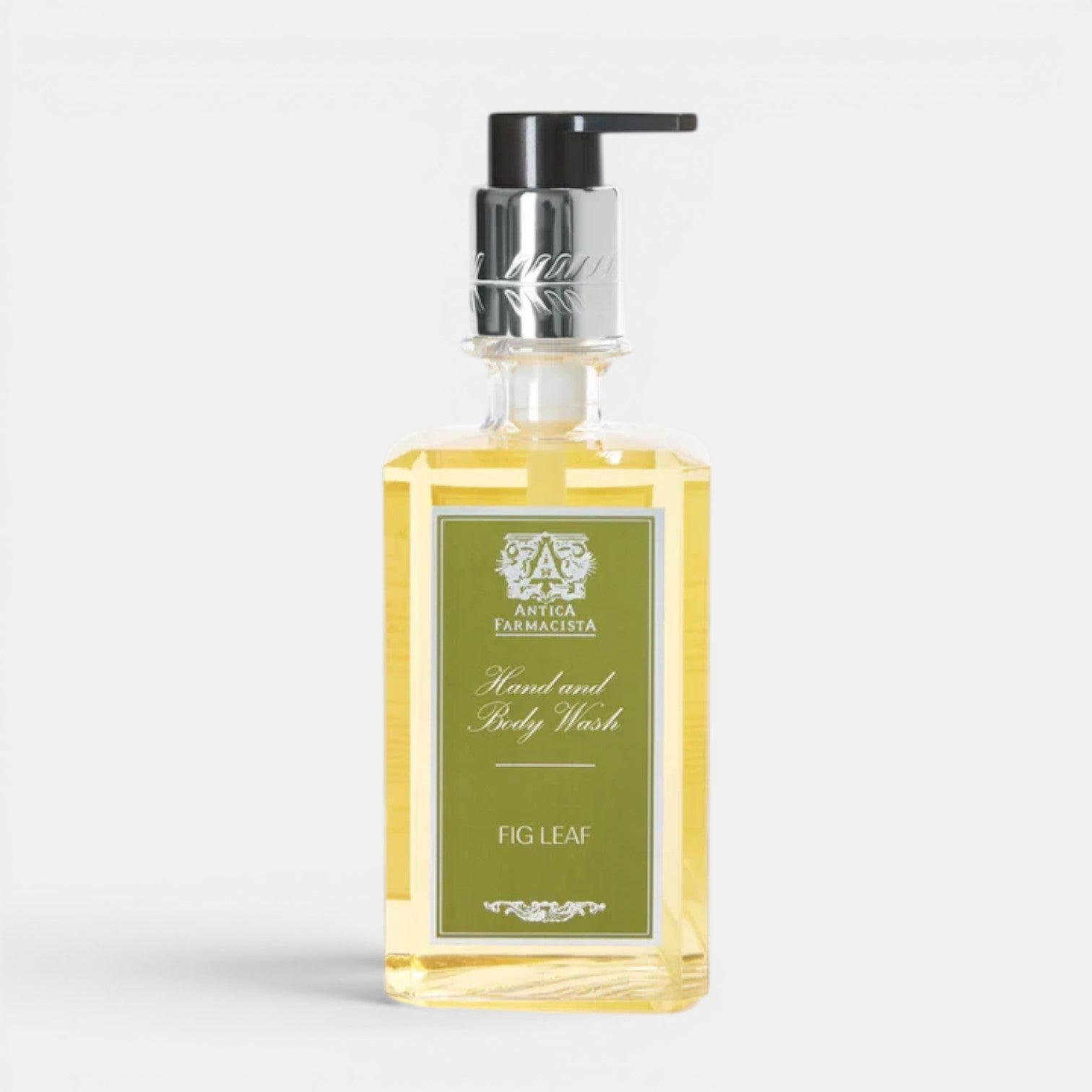 Shop Rescue Spa Fig Leaf hand and body wash in a clear glass bottle with a silver pump dispenser