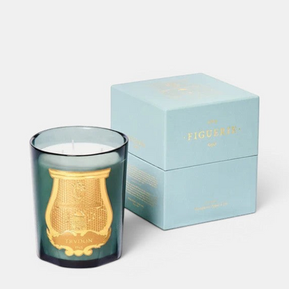 Shop Rescue Spa Figuerie Collection candle in a green glass vessel with gold label, next to a light blue box.