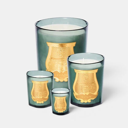 Shop Rescue Spa Figuerie Collection candles in teal glass jars with gold crest labels, various sizes.